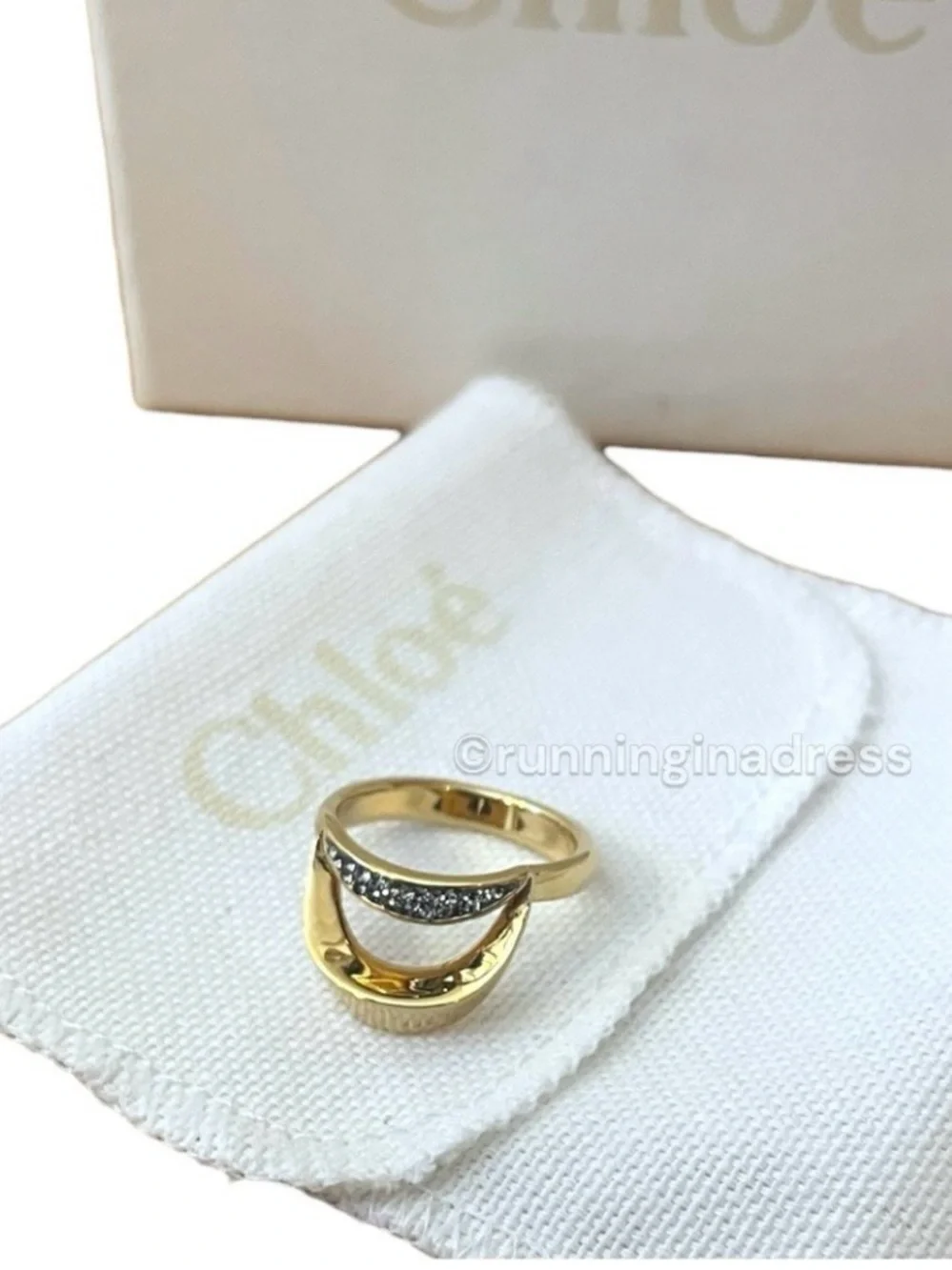 Chloé Crescent Pave Crystal Ring Gold Tone Statement EU 54 US 7 Full Set Box Bag